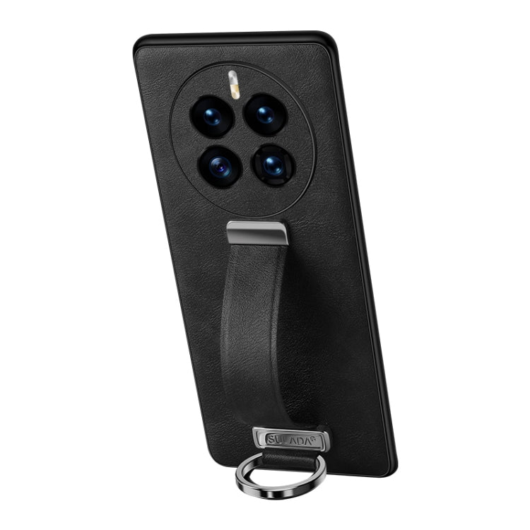 Black shockproof phone case with leather texture, camera cutouts, and metal ring stand
