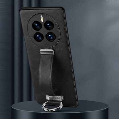 Black shockproof phone case with leather texture, camera cutouts, and metal ring stand