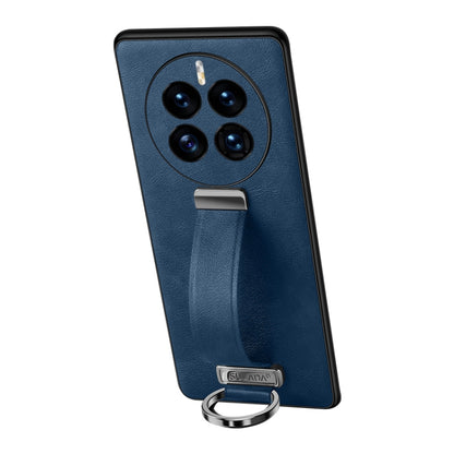 Blue shockproof phone case with leather texture, camera cutouts, and metal ring stand