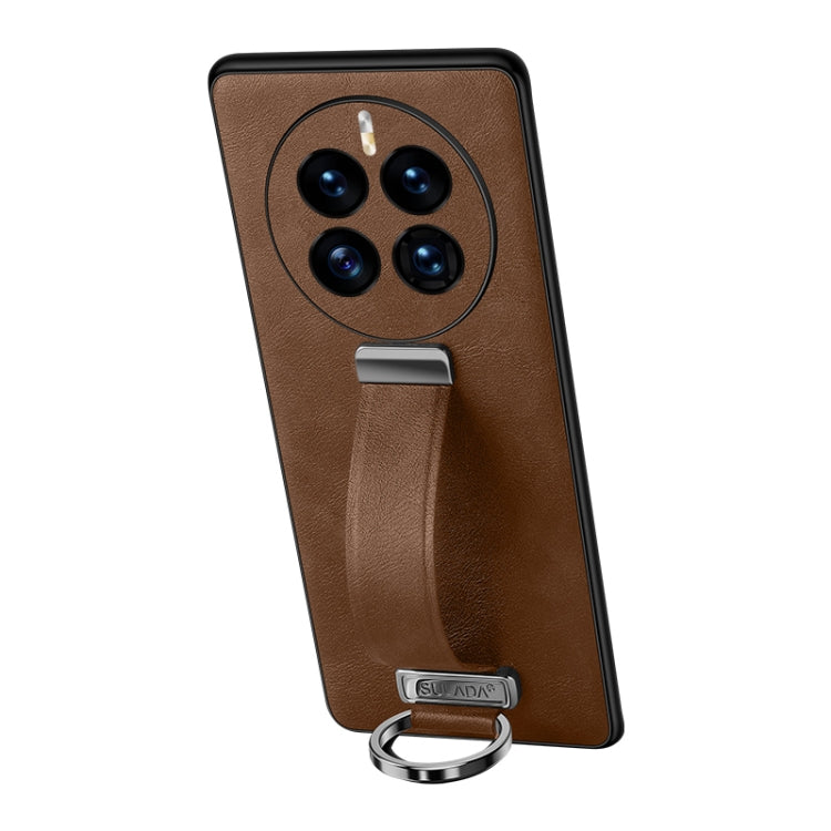 Brown shockproof phone case with leather texture, camera cutouts, and metal ring stand