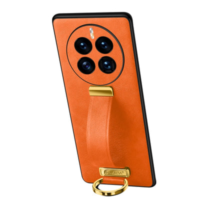Orange shockproof phone case with leather texture, camera cutouts, and metal ring stand