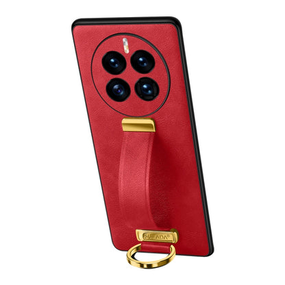 Red shockproof phone case with leather texture, camera cutouts, and metal ring stand