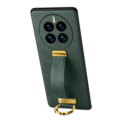 Green shockproof phone case with leather texture, camera cutouts, and metal ring stand