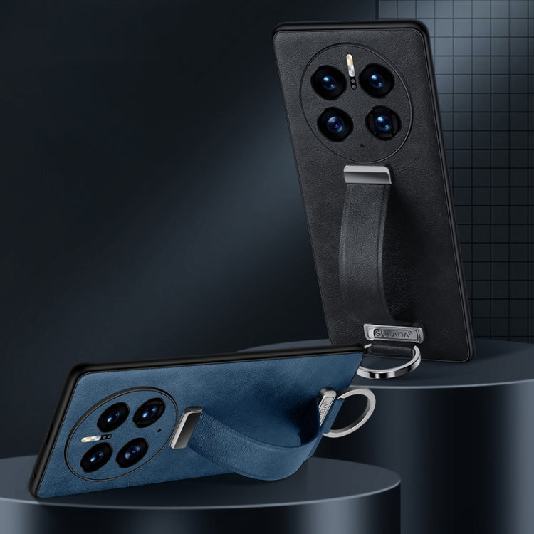 Black leather-texture phone case with camera cutouts and metal ring strap holder.