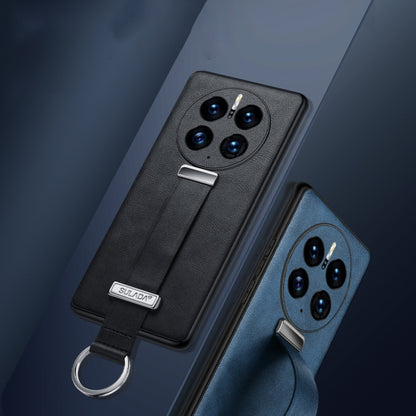 Black and blue leather-texture phone cases with camera cutouts and strap ring holders.