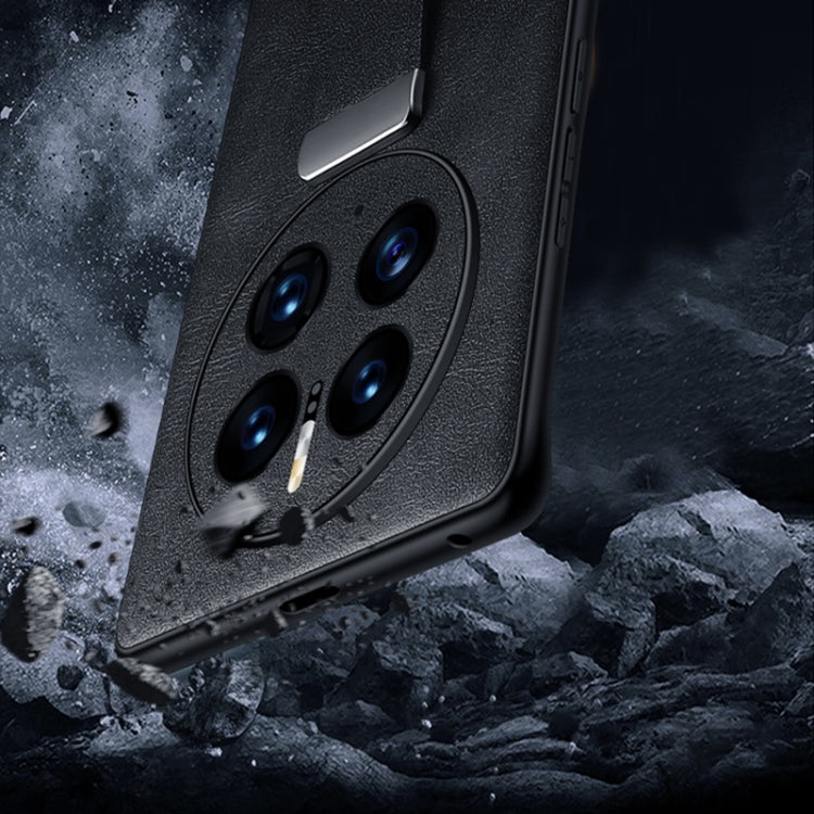 Black leather-texture phone case with camera cutout and raised protective bezel.