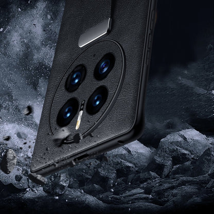 Black leather-texture phone case with camera cutout and raised protective bezel.