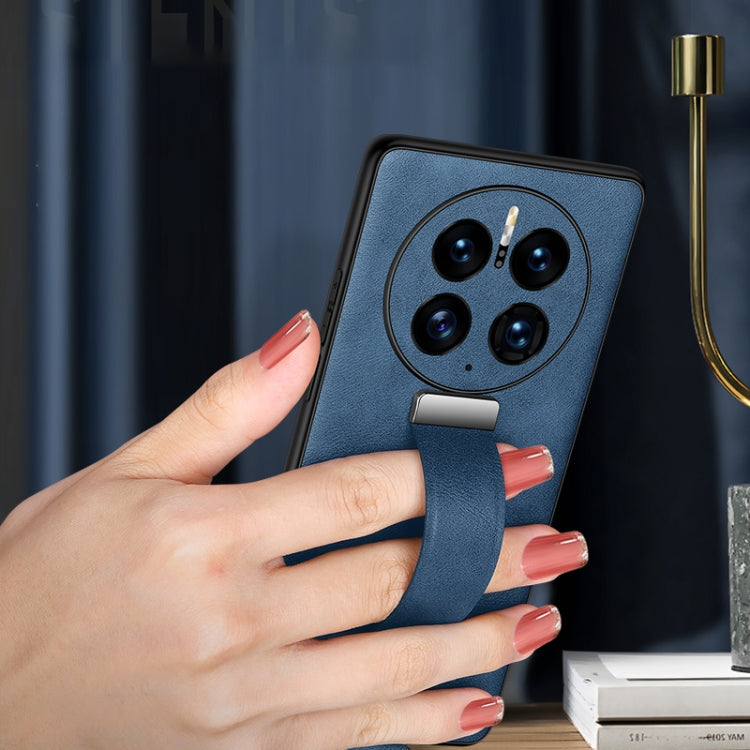 Blue leather-texture phone case with camera cutouts and strap finger holder.