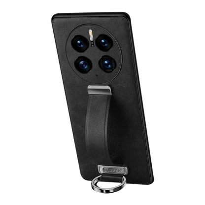 Black shockproof phone case with leather texture, camera cutouts, and metal ring stand