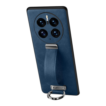 Blue shockproof phone case with leather texture, camera cutouts, and metal ring stand