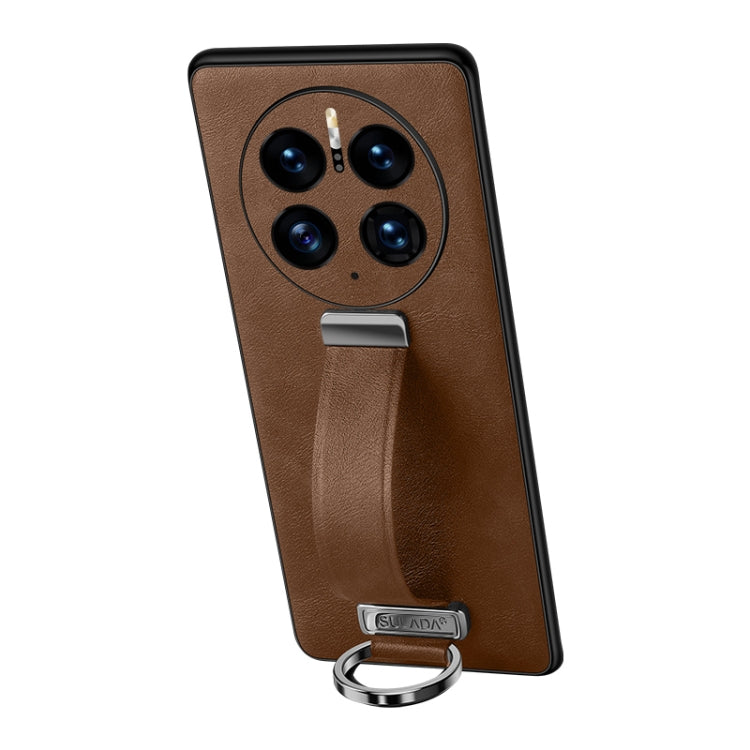 Brown shockproof phone case with leather texture, camera cutouts, and metal ring stand