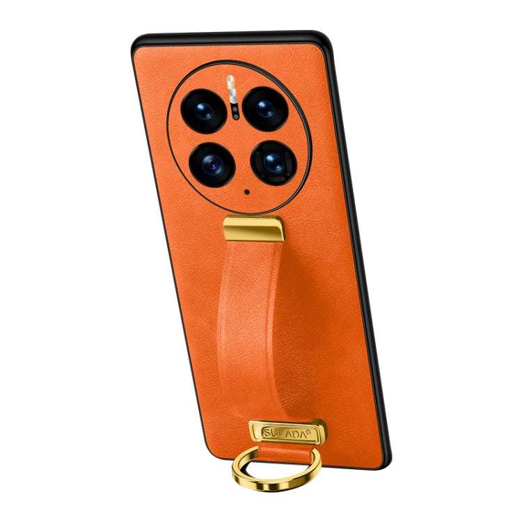 Orange leather-texture phone case with camera cutouts and gold ring strap holder.