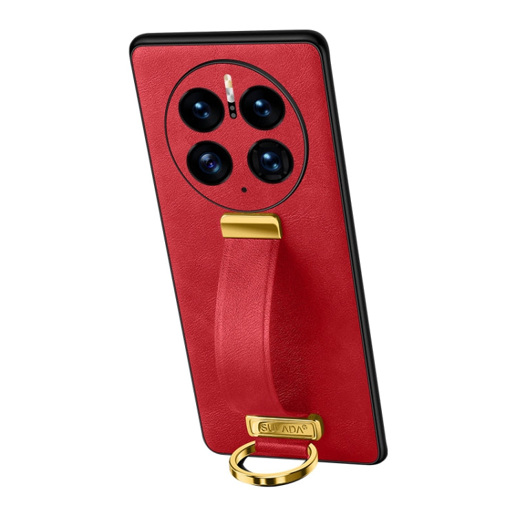 Red leather-texture phone case with camera cutouts and gold ring strap holder.