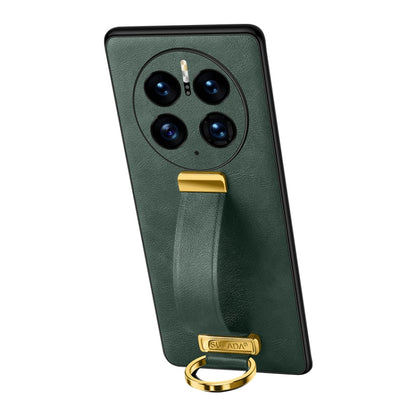 Green leather-texture phone case with camera cutouts and gold ring strap holder.