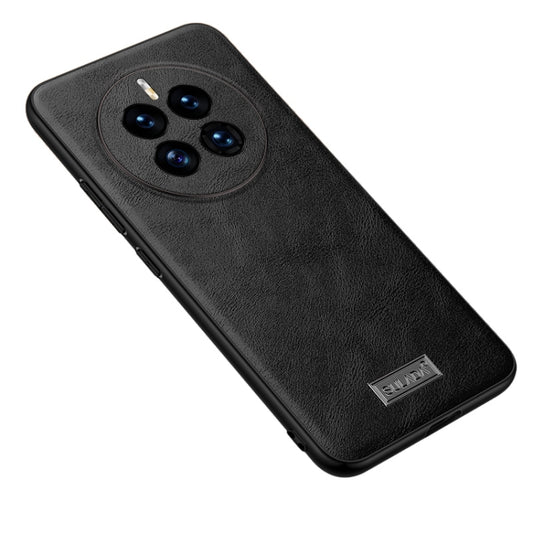 Black leather phone case with camera cutout and TPU shockproof bumper