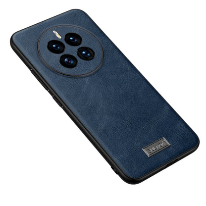 Blue leather phone case with camera cutout and TPU shockproof bumper