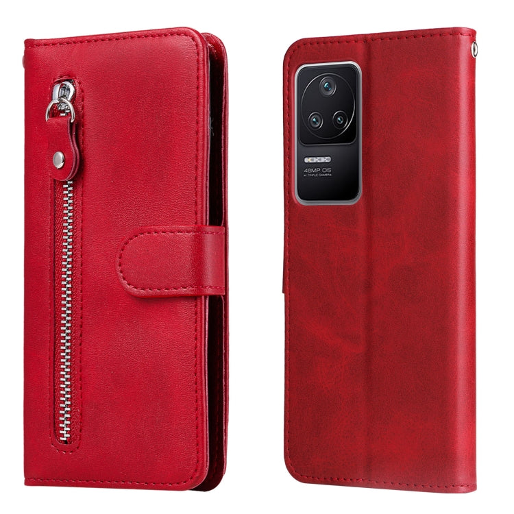 Red leather flip phone wallet case with vertical zipper and magnetic flap closure