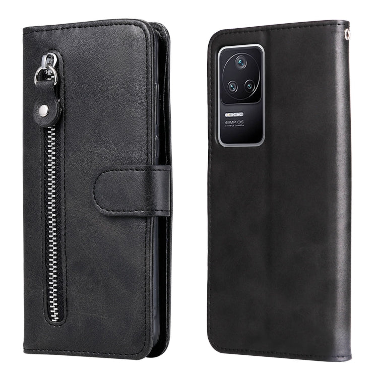 Black leather flip phone wallet case with vertical zipper pocket and snap flap
