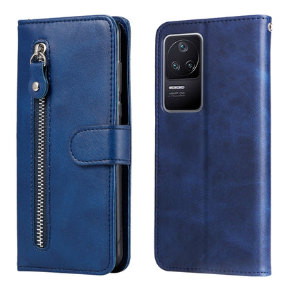 Blue leather flip phone wallet case with vertical zipper and magnetic flap
