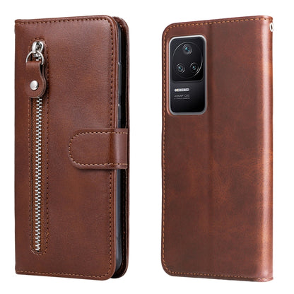 Brown leather flip phone wallet case with vertical zipper and magnetic flap closure