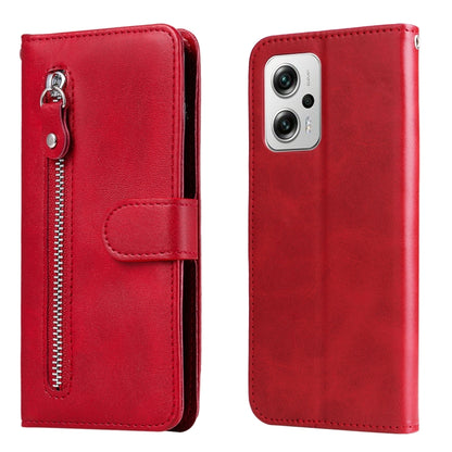 Red leather flip phone case with horizontal zipper and magnetic snap closure