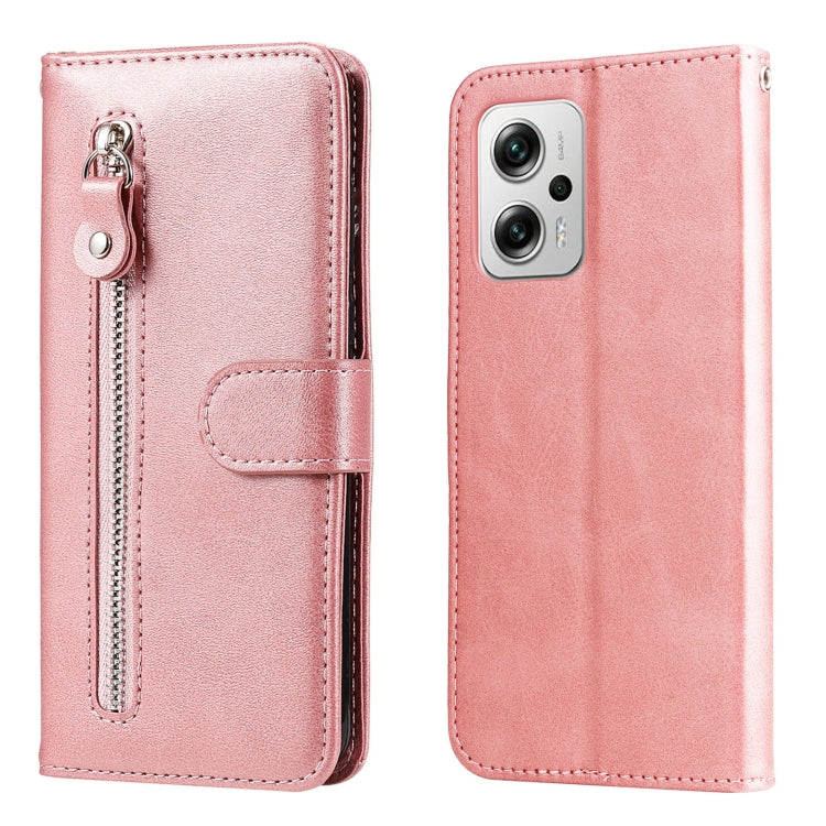 Rose pink leather flip phone case with horizontal zipper and magnetic snap closure