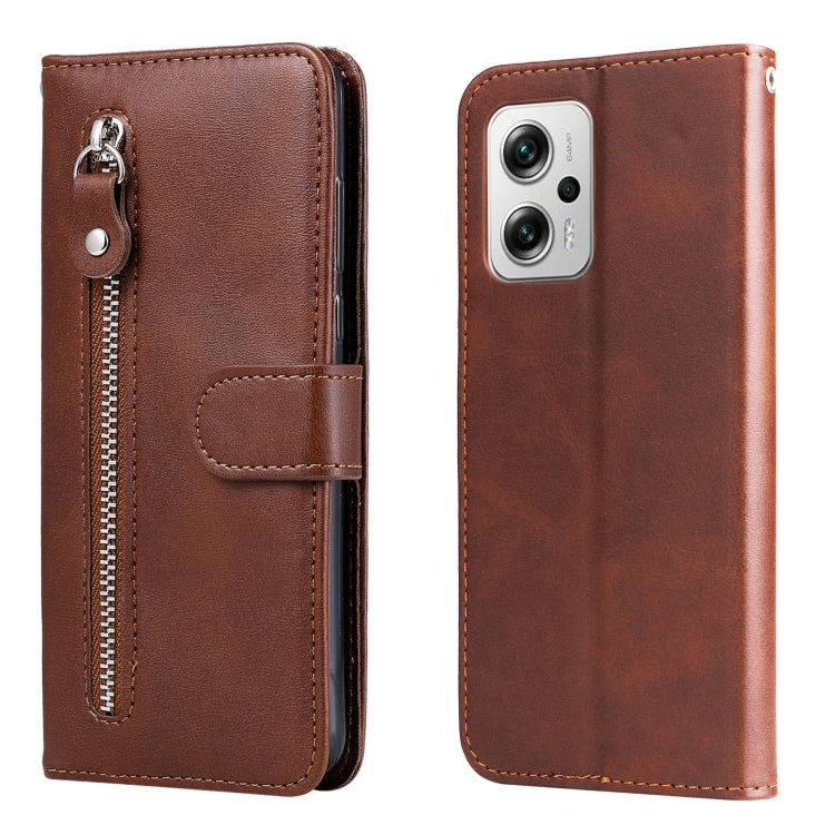 Brown leather flip phone case with horizontal zipper and magnetic snap closure