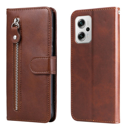 Brown leather flip phone case with horizontal zipper and magnetic snap closure