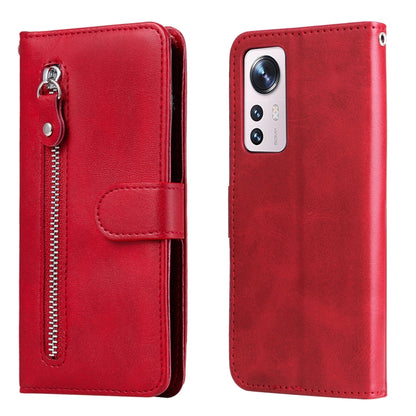 Red leather flip phone case with horizontal zipper and magnetic snap closure