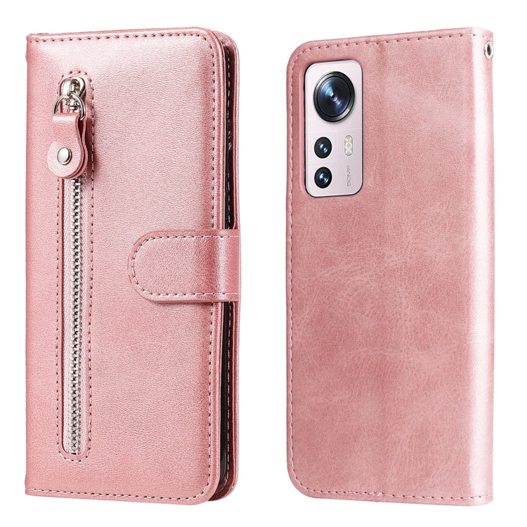 Rose pink leather flip phone case with horizontal zipper and magnetic snap closure
