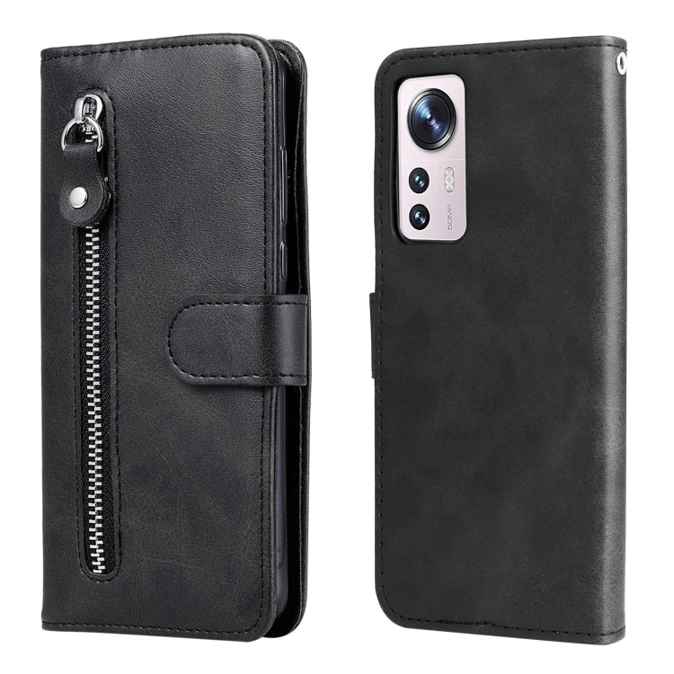 Black leather flip phone case with horizontal zipper and magnetic snap closure