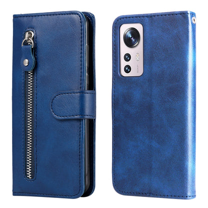 Blue leather flip phone case with horizontal zipper and magnetic snap closure