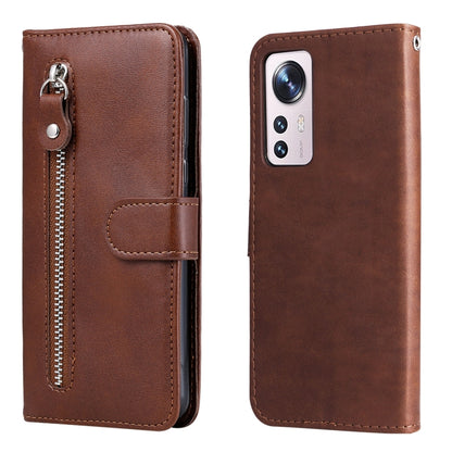 Brown leather flip phone case with horizontal zipper and magnetic snap closure