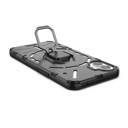 Black shockproof phone case with magnetic ring holder, side view with raised ring