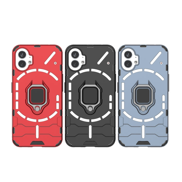 Shockproof phone cases with magnetic ring holder in red, black, and blue for Nothing Phone 1