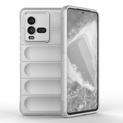 White TPU and flannel phone case with raised side grip, showing back camera cutouts
