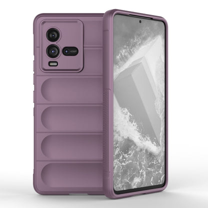 Purple TPU and flannel phone case with raised side grip, showing back camera cutouts