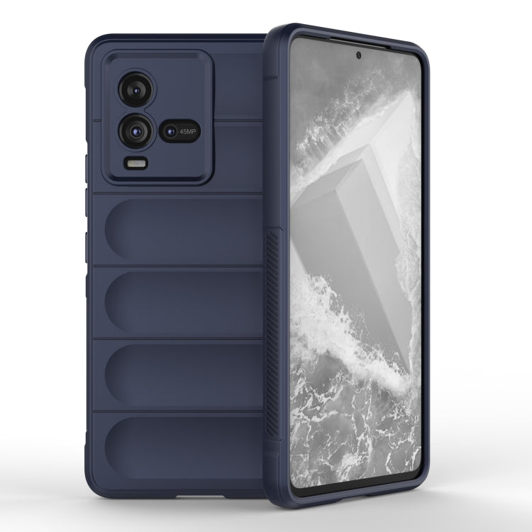 Dark blue TPU and flannel phone case with raised side grip, showing back camera cutouts