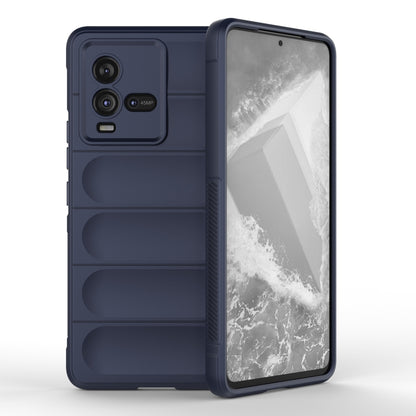 Dark blue TPU and flannel phone case with raised side grip, showing back camera cutouts