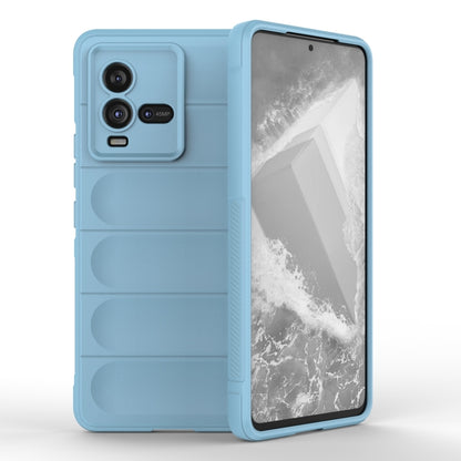Light blue TPU and flannel phone case with raised side grip, showing back camera cutouts