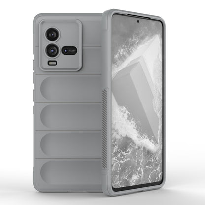 Light grey TPU and flannel phone case with textured back panels and camera openings