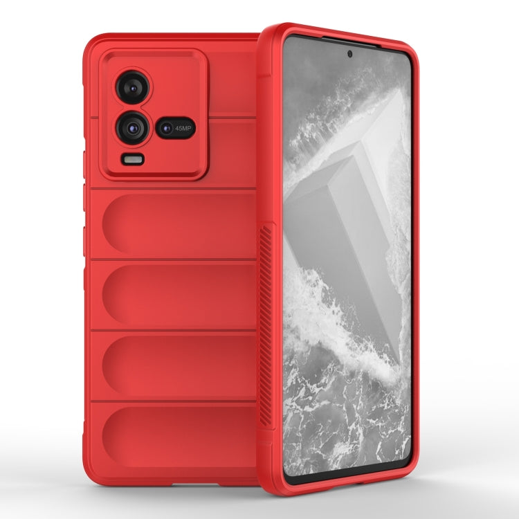 Red TPU and flannel phone case with raised side grip, showing back camera cutouts