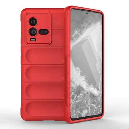 Red TPU and flannel phone case with raised side grip, showing back camera cutouts
