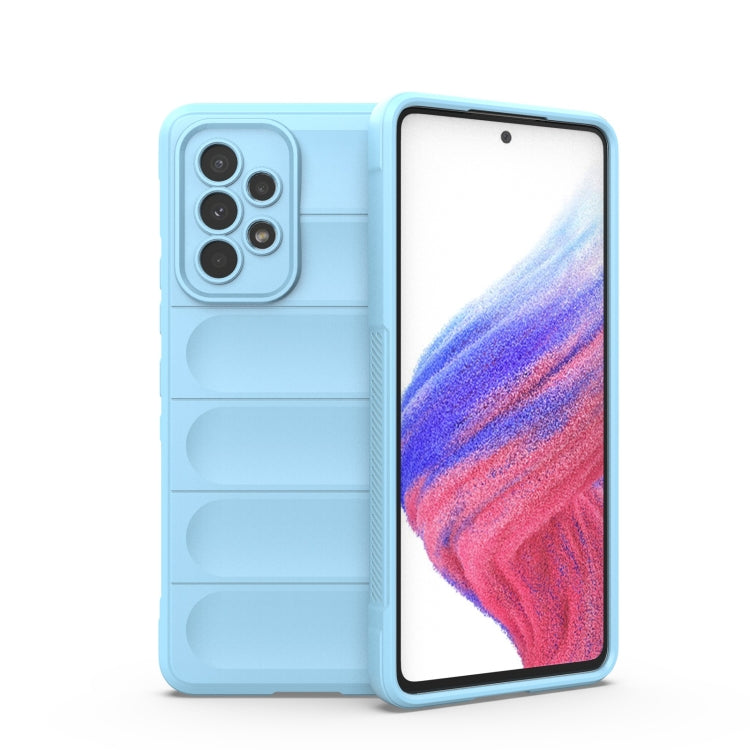 Magic Shield TPU phone case in light blue, with ridged grip and raised camera cutouts