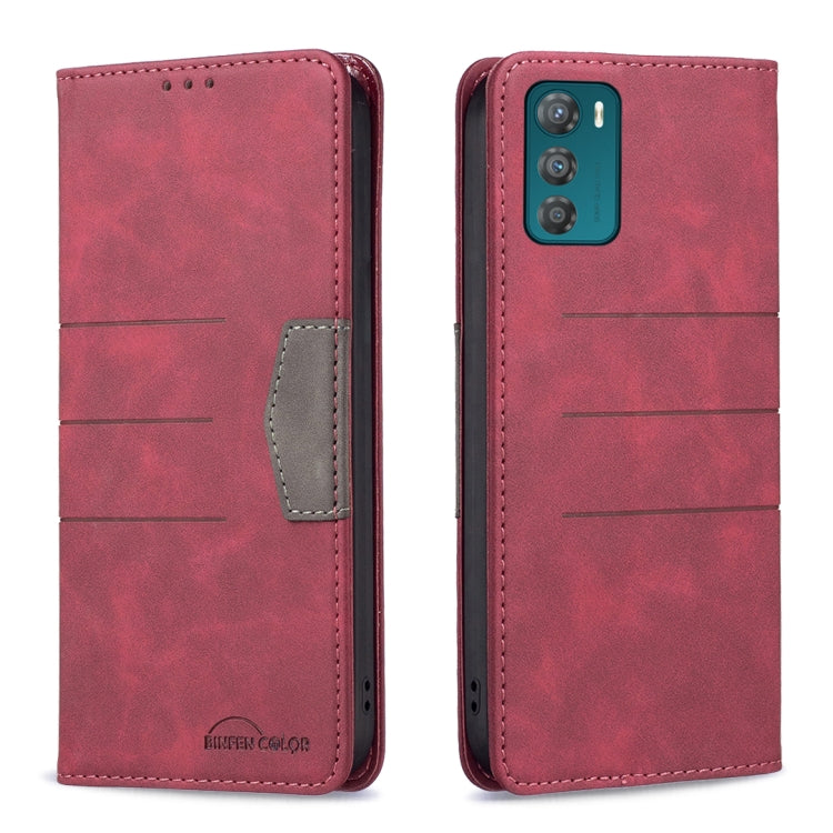 Red magnetic leather phone case with flip cover and side card pocket, stitched edges
