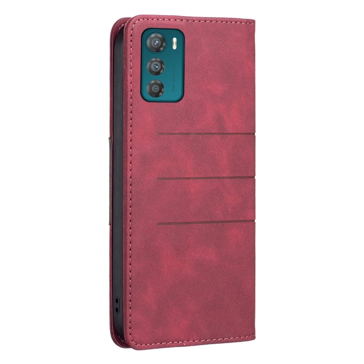 Red magnetic leather phone case with camera cutout and flip cover, slim fit