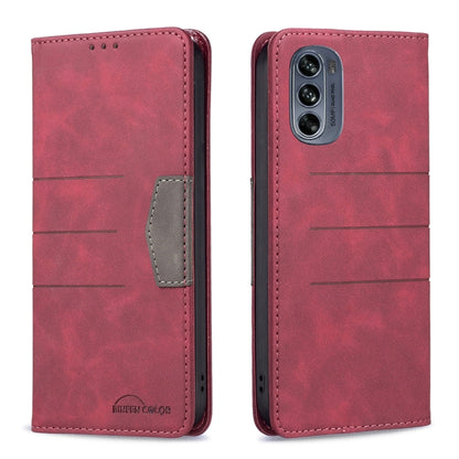 Red magnetic leather phone case set with flip cover and side card pocket, stitched trim