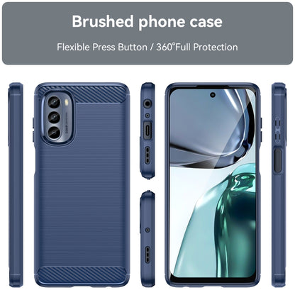 Blue phone case shown front, back, and side views with brushed carbon texture