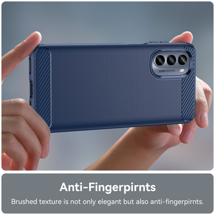 Blue TPU phone case with brushed carbon texture and camera opening