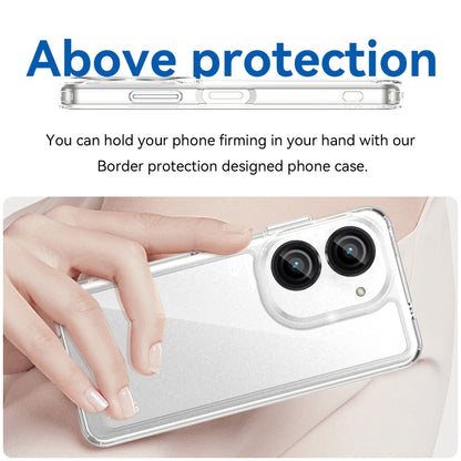 Clear phone case with raised border and dual camera cutouts, shown in hand
